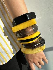 1 chiếc vòng tay nhựa sọc đen vàng sáng bóng bất đối xứng, phụ kiện thời trang thanh lịch để đeo hàng ngày và chụp ảnh tạp chí - nhiều màu - Xem 3