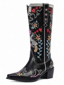 Embroidery Women Western Boots Block Heel Mid Calf Cowgirl Cowboy Shoes Retro Vintage Design Fashion Wedding Women Ridding Boots - 黑色 - 查看 4