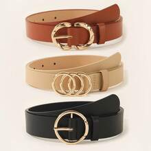 3件套女士简约时尚百搭腰带套装，经典腰带，适合搭配连衣裙和上衣，黑色腰带配有三环、双环和单环金属扣，优雅纯色腰带 - 彩色 - 查看 5