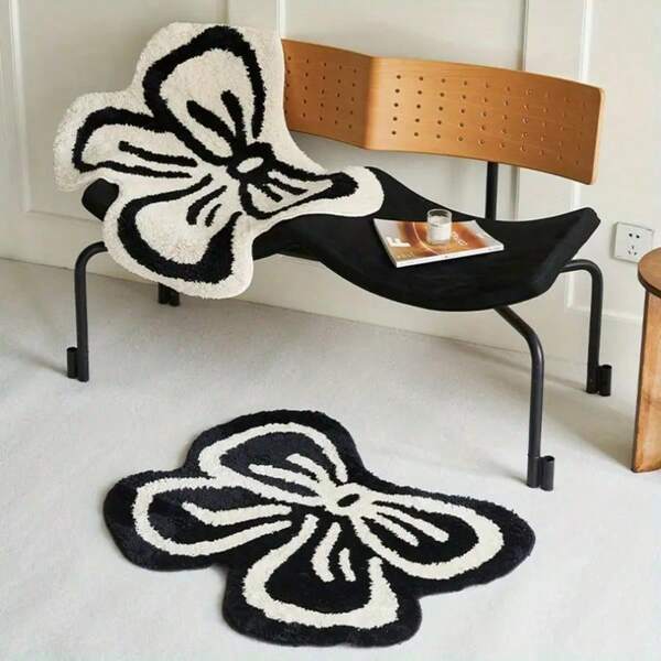 1pc Black & White Elegant Bow Plush Comfortable Carpet, Living Room Bedroom Entryway Kitchen Bedside Rug, Durable Anti-Dust Home Decor Carpet, Best Gift For Girls