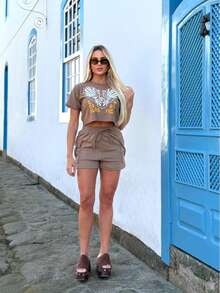 Women's Cropped Top And Shorts Set - Mocha Brown - View 2