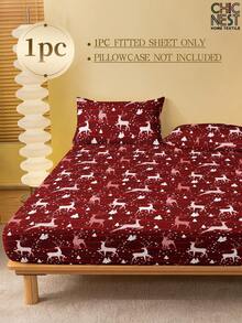 1Pc Wine Red Elk Pattern Fitted Sheet,Mattress Protector, Valentine's Day Mattress Cover For Bed, Bed Sheet, Soft And Breathable, For All Size Bed -Twin, Full, King, Queen Size Sheet Deep Pocket Up To 11.8 Inch,Christmas Atmosphere - Burgundy - View 2