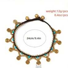 1pc Bohemian Anklet For Women Turquoise Wax Rope Handmade Beaded Pendant For Beach Wear Jewelry - 金色 - 查看 3