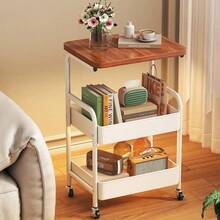 Senmeo 3-Tier Metal Utility Rolling Cart With Wooden Table Top, Storage Cart White Trolley Kitchen Organizer Rolling Desk With Locking Wheels For Office, Classroom, Dorm, Bedroom - 白色 - 查看 6