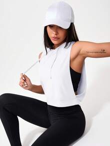 SHEIN Sports Hanorac sport cu șnur și decupaj, crop - alb - Vizualizare 2