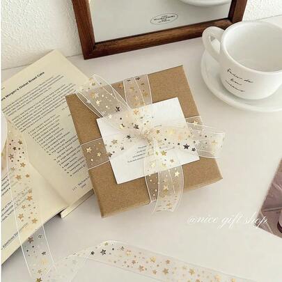 9m/Roll 2.5cm Metallic Gold Star Tulle Ribbon, Christmas Holiday Gift Wrapping Decoration Streamer, Valentine's Day Gift Decor, For Party, Flowers, Cakes, Gift Boxes, Bows, Packaging