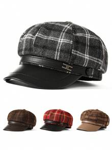 1 pieza Boina retro elegante, con estampado de cuadros y decoración de letra metálica, estilo gorra de periódico, adecuada para uso diario de mujeres