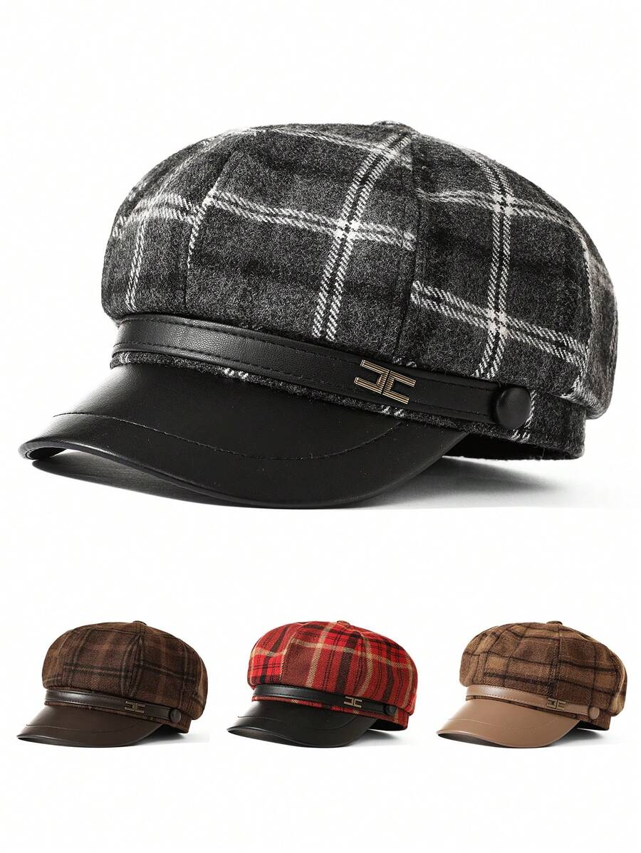 1 pieza Boina retro elegante, con estampado de cuadros y decoración de letra metálica, estilo gorra de periódico, adecuada para uso diario de mujeres