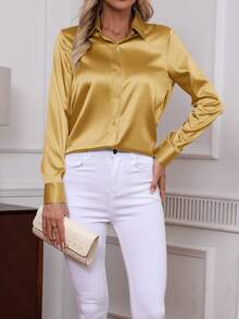 2026 New Elegant Solid Color Button-Down Long Sleeve Shirt, Classic Workwear Blouse For Women Spring - Gold - View 3