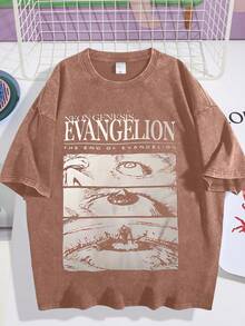 Men's Loose Retro Washed T-Shirt, New Century Evangelio EVA Anime Print, Washed And Worn Loose Casual Short Sleeved ShirtDG004 - 咖啡棕 - 查看 1