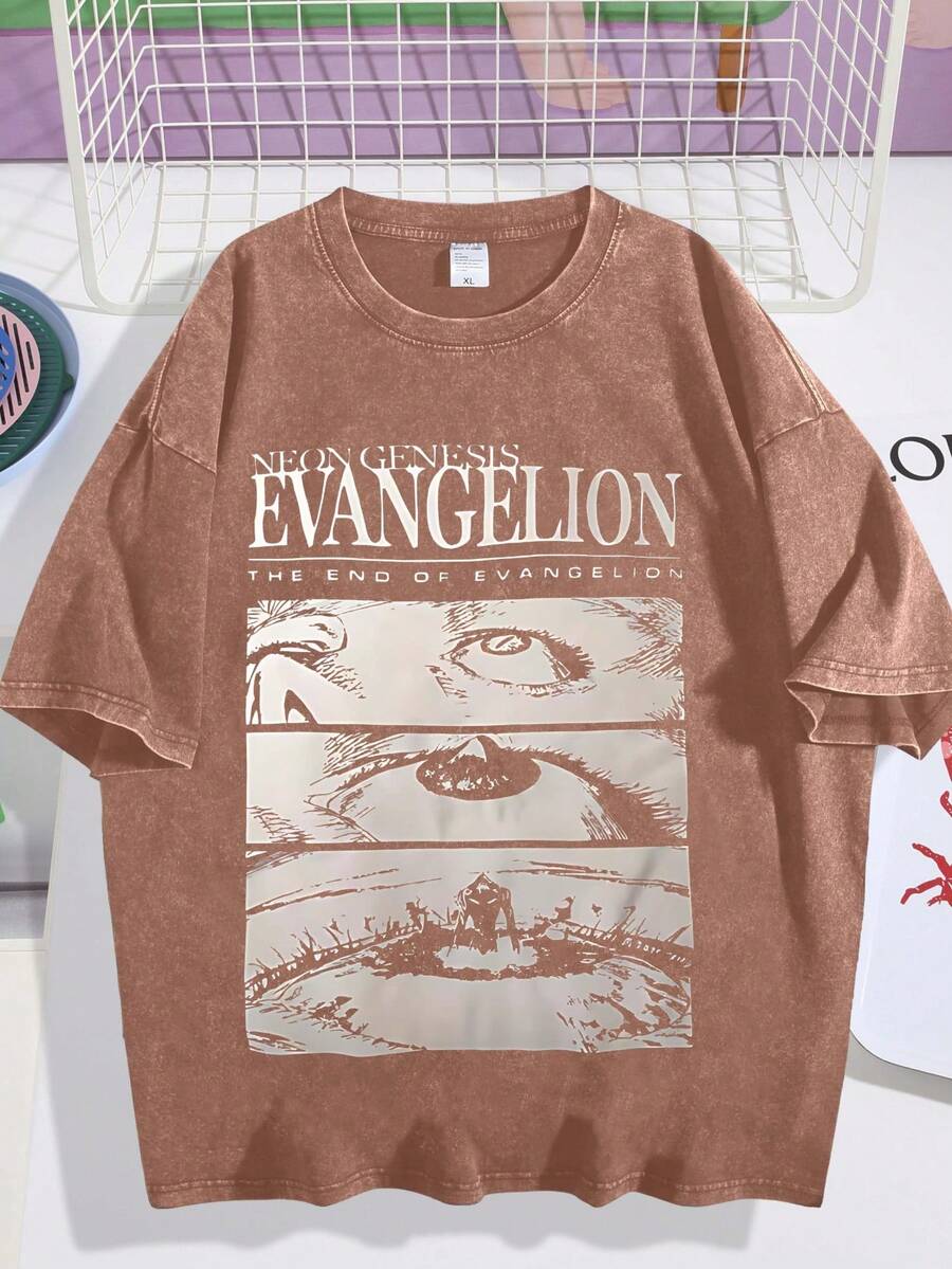 Men's Loose Retro Washed T-Shirt, New Century Evangelio EVA Anime Print, Washed And Worn Loose Casual Short Sleeved ShirtDG004 - 咖啡棕 - 查看 1