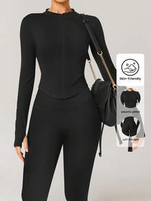 Yefecy Conjunto de entrenamiento con control de abdomen para mujer, chaqueta moldeadora con cremallera y mangas con agujero para el pulgar, y mallas de cintura alta