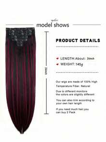 7片/套 16英寸夹式接发，黑色直发，自然渐变色，耐热纤维，女士适用 - 彩色 - 查看 4