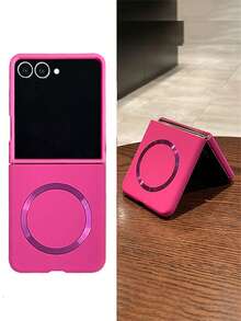 Luxury Solid Color Skin Friendly Frosted CD Pattern Magnetic Phone Case Compatible With Samsung Galaxy Z Flip 7 6 5 4 3 Support Wireless Charging Matte Folding Protect Back Cover - Hot Pink - View 2