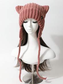 1 pieza Gorro de punto con orejas de gato de unicolor y lindo para mujer, gorro de invierno grueso y cálido para protección de orejas, diseño versátil y de moda, adecuado a nivel mundial