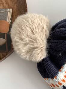 1顶复古提花针织帽，女士保暖保暖内衬飞行员帽/乌沙卡帽，适合冬季骑行滑雪，加厚针织帽带绒球 - 彩色 - 查看 10