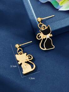 猫形吊坠耳环 - 黑色 - 查看 3