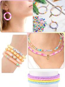 24 Colors 6mm Polymer Clay Flat Disc Beads, DIY Necklace, Bracelet, Phone Strap, Keychain Jewelry Making Kit With Alphabet Discs, Scissors, Elastic String, Metal Charms, Clasps, Bohemian Style Jewelry Set - Multicolor - View 11