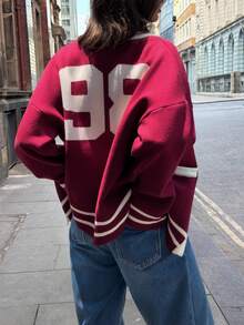 GLOpass Women's Autumn/Winter Striped Contrast Color Double-Zipper Cardigan Sweater, Youthful Knitted Baseball Jacket, Long Sleeve Casual Loose Fit College Style Top With Pockets