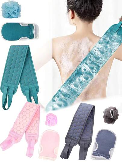 3 In 1 Exfoliating Body Scrubber Set - Includes Back Scrubber, Bath Glove And Shower Bath Sponge Loofah Dead Skin Removal Bathing Tools