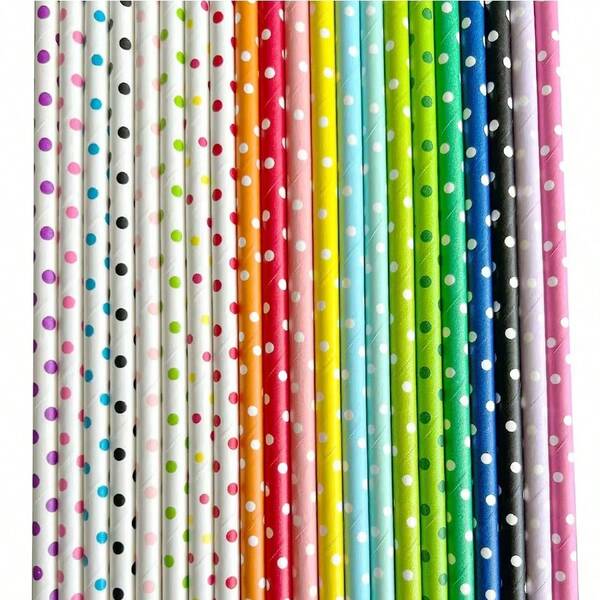 25-Piece Assorted Polka Dot Paper Straws - Christmas, Birthday, New Year Party Supplies And Decorations (Random Colors)