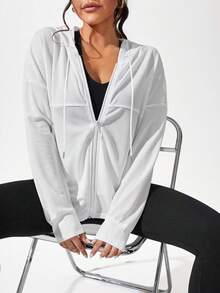SHEIN Sports Drop Shoulder Zip Up Hooded Sports Jacket - White - View 1