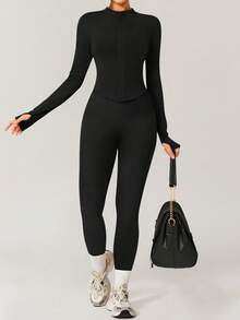 Yefecy Conjunto de entrenamiento con control de abdomen para mujer, chaqueta moldeadora con cremallera y mangas con agujero para el pulgar, y mallas de cintura alta