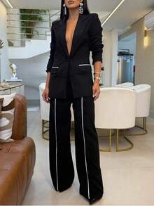 Set de 2 piezas de traje de oficina y uso diario con blazer de manga larga y pantalones con bloques de color y ribete a rayas para mujer, para otoño/invierno