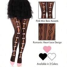 Womens Sweetheart Striped Net Tights With Keyhole And Mini Bow Detail - màu đen - Xem 5