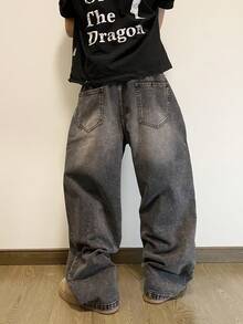 Hearty Haven 男士加大码水洗宽松牛仔裤，休闲舒适百搭阔腿牛仔裤，四季皆宜（不含腰带和配饰） - 灰色 - 查看 5