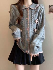 Cárdigan de mujer de longitud regular, con patrón de punto de cable, manga larga, ribete rosa, cierre con botones - Gris - Ver 3