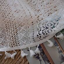 Boho Sheer Curtain Valance Crochet Lace With Bohemian Hollow Knitted Handmade Tassels, Short Farmhouse Window Treatment For Kitchen Cafe, Rod Pocket, 1 Panel 59" W X 24" L, White - TrắngMóc59Wx24LGói 1 - Xem 6
