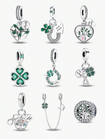 1 st 925 sterlingsilver med gröna pärlor, fyrklöver, berlock, passar för kvinnor, armband, gör-det-själv-smyckestillverkning och matchande smyckedekoration för flickor