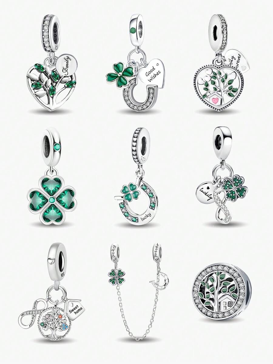 1 件 925 纯银绿色串珠四叶草吊坠适合女士手链手镯 DIY 珠宝制作和日常服装搭配珠宝装饰适合女孩 - 銀色 - 查看 1