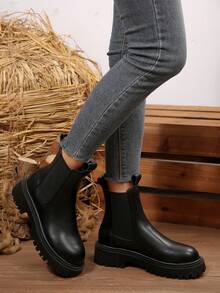 Svarta, grovklackade Chelsea-stövlar för kvinnor, moderiktiga och bekväma ankelstövlar i Chelsea, elastiska, korta stövlar i PU-läder, uppgraderad hantverksdesign, ökad fotkomfort, leopardmönster i kontrastfärg, framhäver elegant och intellektuell skönhet, klassiska, mångsidiga, viktiga svarta korta stövlar för höst-/vintersäsongen - Svart - Visa 7