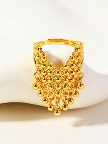 1pc Fashionable Hollow Floral Beaded Tassel Adjustable Ring For Women, Suitable For Party, Gift, Daily Wear