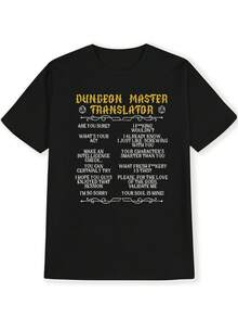 Men's Black Dungeon Master Translator Humorous RPG T-Shirt - Hexagon Dice Icons & Multilingual Text Design, Casual Short Sleeve Round Neck Summer Tee For Tabletop Gaming Fans - 黑色 - 查看 3