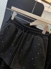 Hessen Plus Size Women's Fashion Elegant Knit Casual Daily Wear Loose Sweatsuit Set, Luxury Rhinestone Embellished Round Neck Long Sleeve Sweatshirt And Shorts, Women 2 Piece Set, Suitable For Party, Gathering, Travel, Holiday Gift, Graduation Outfit - Black - View 5