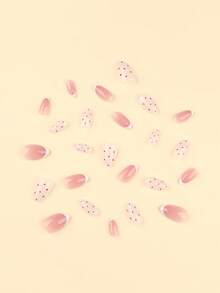 24片美甲贴纸套装，浅棕色波点图案，短款，方形、杏仁形、法式、白色，包含1张美甲胶贴和1个迷你指甲锉，适合日常美甲。 - 彩色 - 查看 3