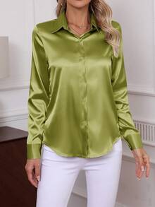 2026新款优雅纯色长袖衬衫，经典职业装女式衬衫，春季款 - 橄欖綠 - 查看 3