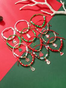 12 peças/Conjunto de Encantos com Tema de Natal incluindo Boneco de Neve, Árvore de Natal, Papai Noel, Rena, Chapéu de Papai Noel, Pingentes de Casa de Neve, Combinados com Contas de Coração de Argila Macia CCB, Conjunto de Pulseira, Adequado para Presentes de Feriado, Família, Amigos e Uso Diário