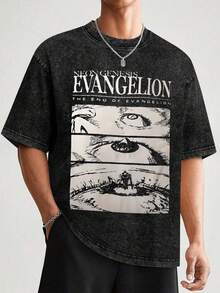 EWH Men's Loose Retro Washed T-Shirt, New Century Evangelio EVA Anime Print, Washed And Worn Loose Casual Short Sleeved ShirtDG004 - 黑色 - 查看 2