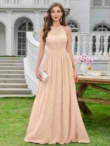 MIUSOL Elegant Women's Sequin Floral Lace Halter Neck Sleeveless Ruched Chiffon Maxi Dress, Perfect For Formal Wedding Guest, Cocktail Party, Bridesmaid, Prom - 香檳色 - 查看 1