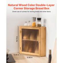 Panera de esquina para encimera de cocina, contenedor de pan de bambú de doble capa y gran capacidad, panera de madera rústica para pan casero, contenedor de almacenamiento con puerta acrílica ondulada, color natural - Esquina de madera natural de doble capa - Ver 2