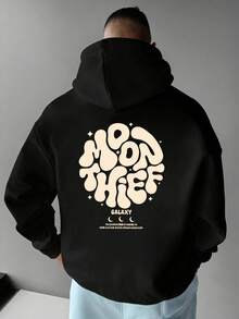 加大码男士时尚标语印花休闲宽松保暖抽绳口袋卫衣，适合街头、户外和日常百搭穿着，秋冬季长袖上衣 - 黑色 - 查看 1