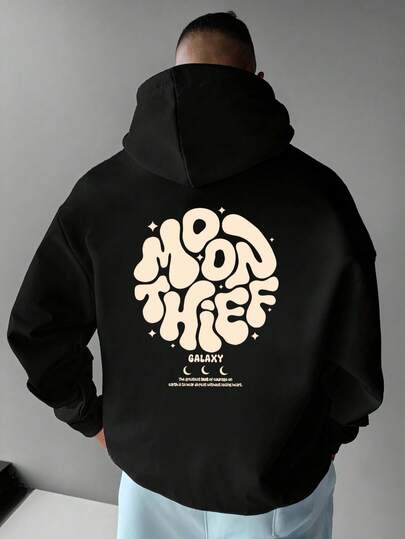 加大码男士时尚标语印花休闲宽松保暖抽绳口袋卫衣，适合街头、户外和日常百搭穿着，秋冬季长袖上衣