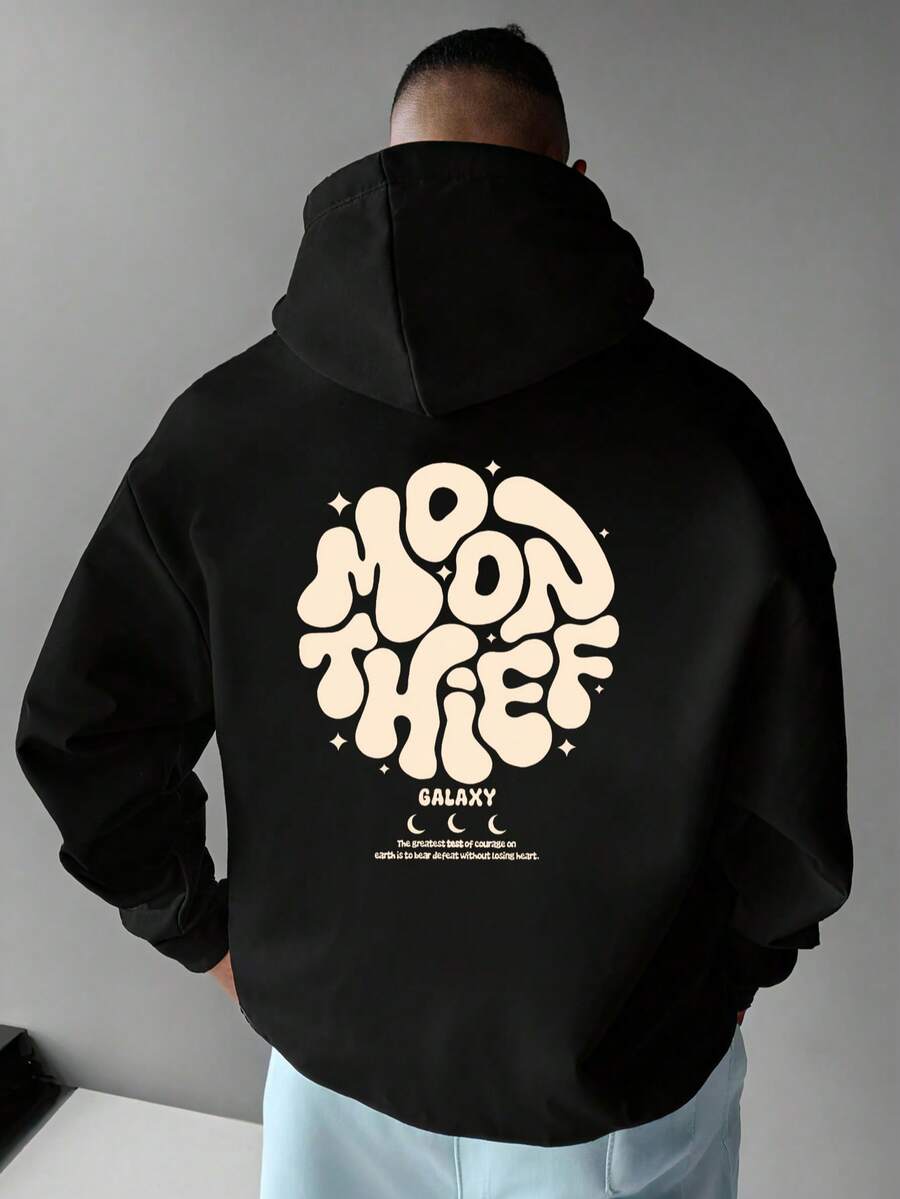 加大码男士时尚标语印花休闲宽松保暖抽绳口袋卫衣，适合街头、户外和日常百搭穿着，秋冬季长袖上衣 - 黑色 - 查看 1