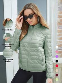 ZIAI Women's Lightweight Down Jacket, Solid Color Stand Collar, Winter - Mint Green - View 1