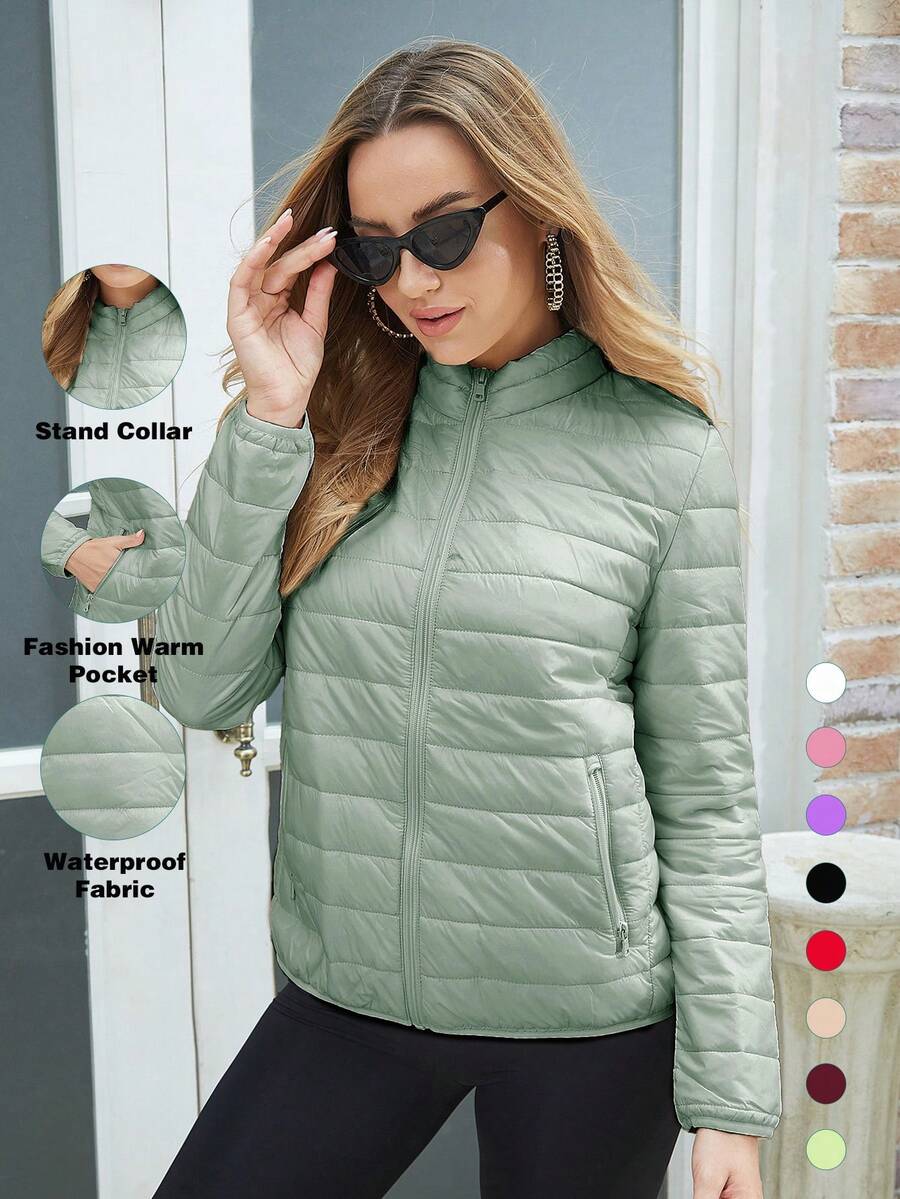 ZIAI Women's Lightweight Down Jacket, Solid Color Stand Collar, Winter - Mint Green - View 1