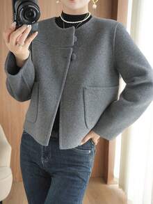 女士圆领休闲外套，娇小版型，百搭，适合春秋季穿着 - 灰色 - 查看 4